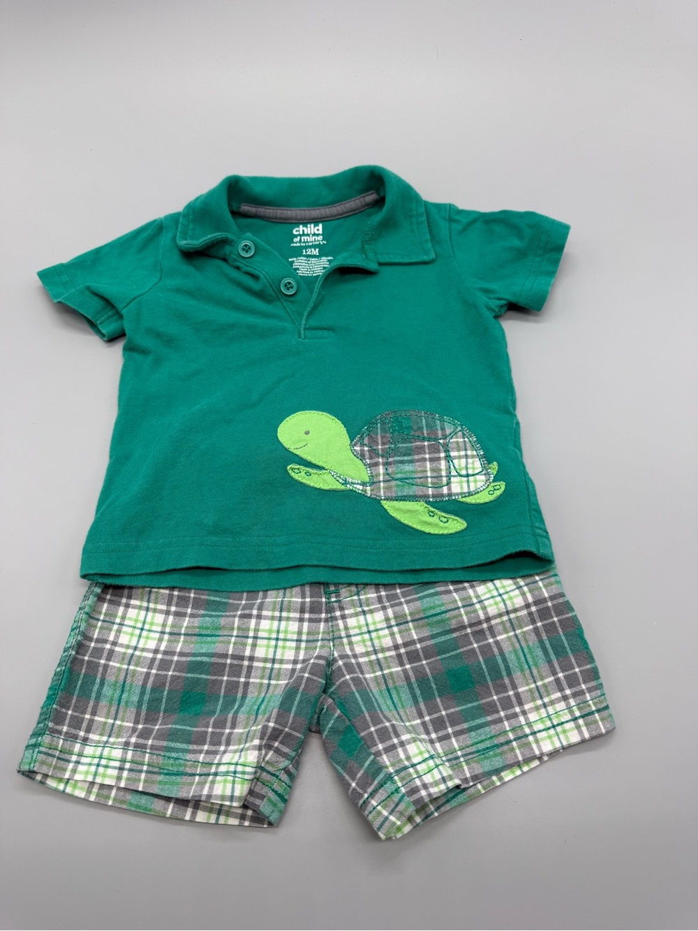 child of mine Green Polo with Turtle Applique and Plaid Shorts 12 Months